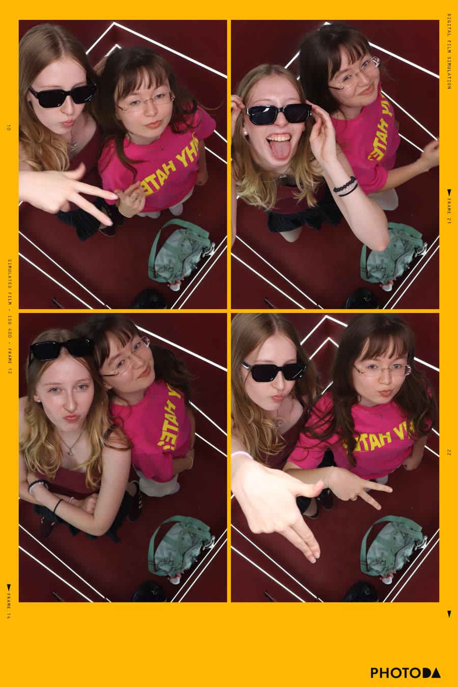 A real PhotoDA photo strip from the Neon Room on a gold frame